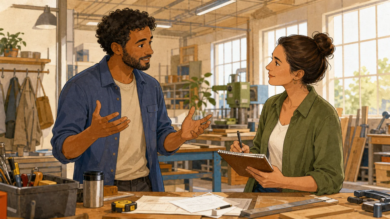 Deux professionnels analysent ensemble une situation managériale réelle dans un atelier de travail