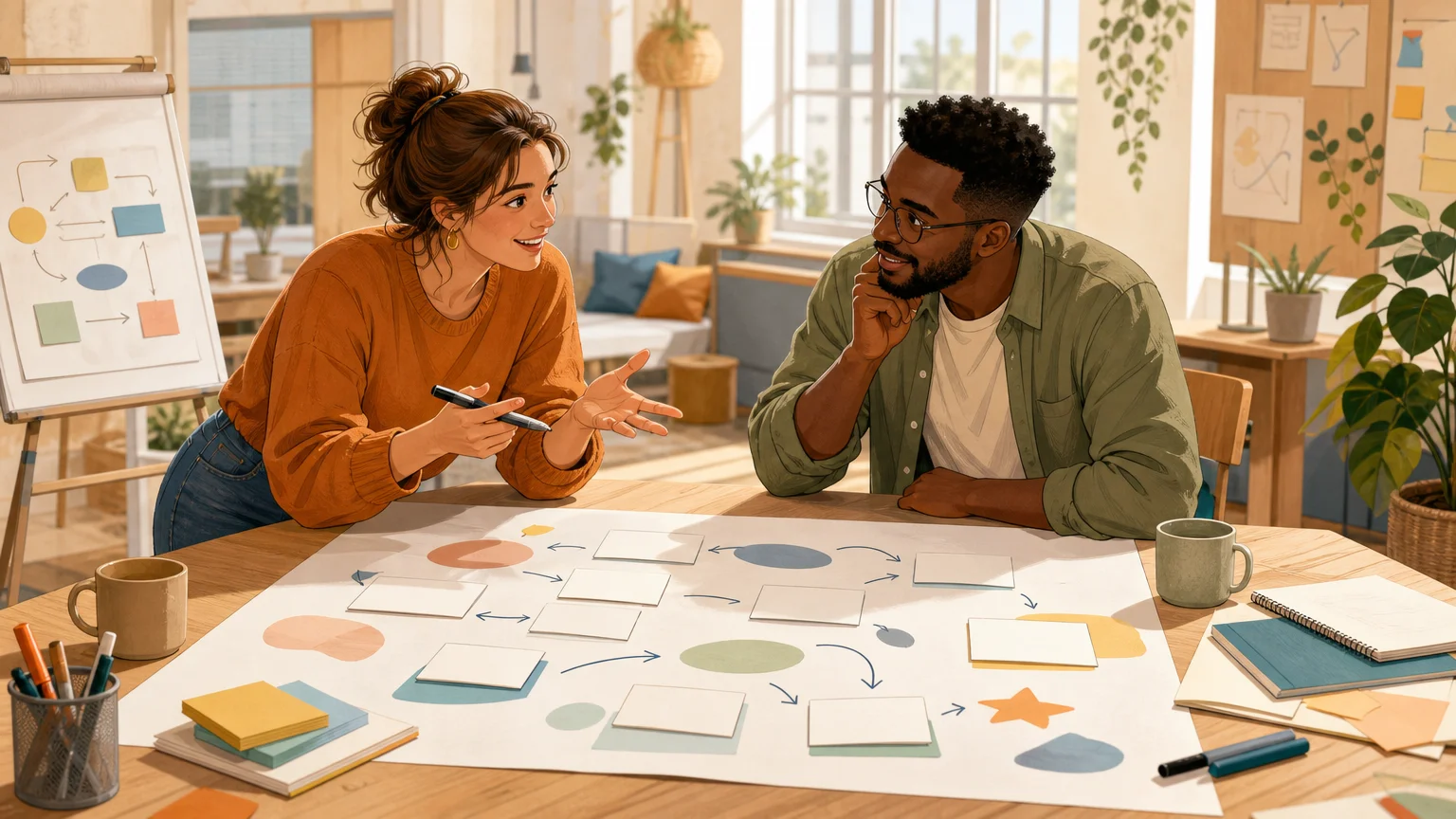 Deux professionnels construisent une vision commune lors d’un atelier participatif