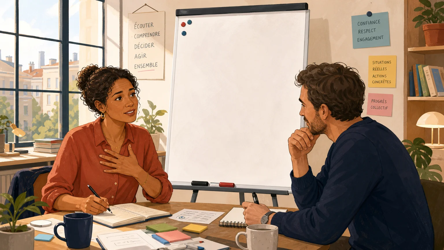Dirigeante et accompagnateur échangent autour d’une situation managériale