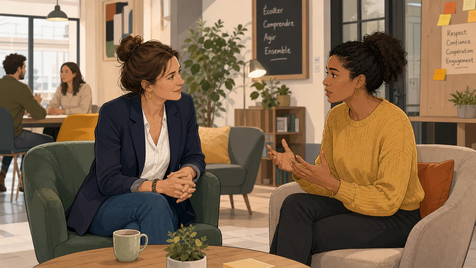 Une manager écoute une collaboratrice lors d’un échange professionnel