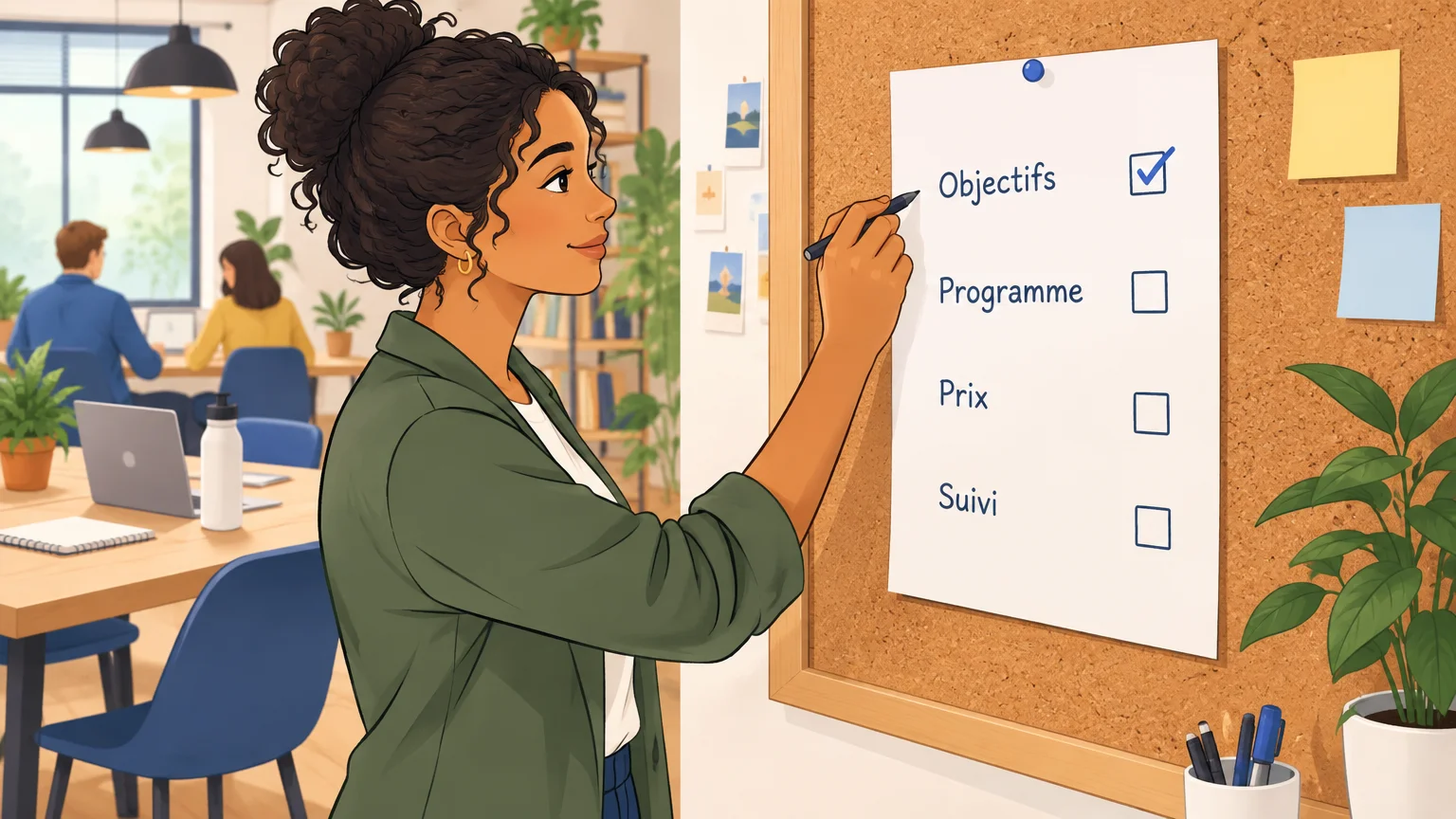 Une professionnelle vérifie les objectifs, le programme, le prix et le suivi d’une formation