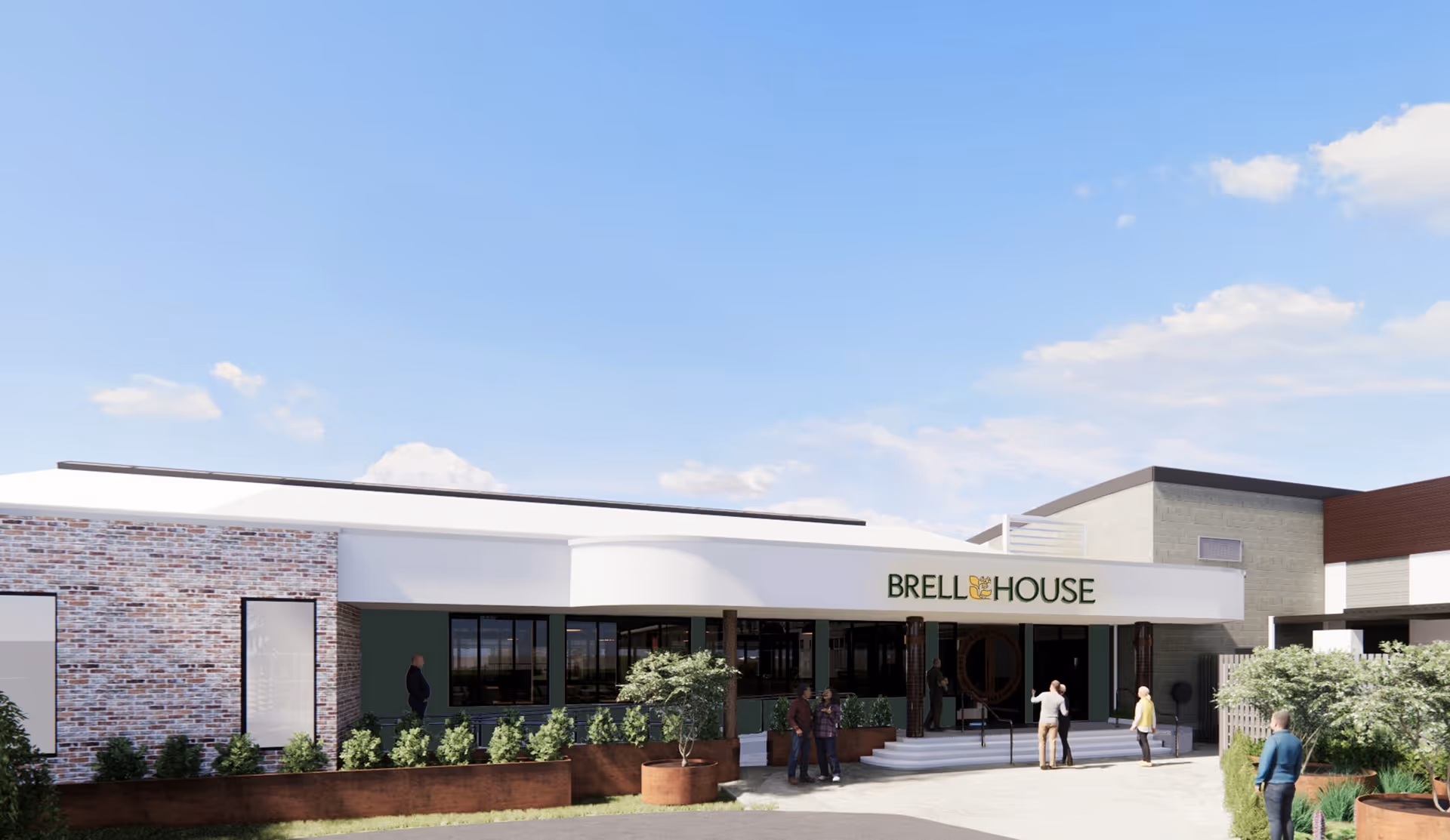 A modern building with a sign reading "Brell House" features a sleek design, brick facade, and potted plants. People and a parked car are visible outside.
