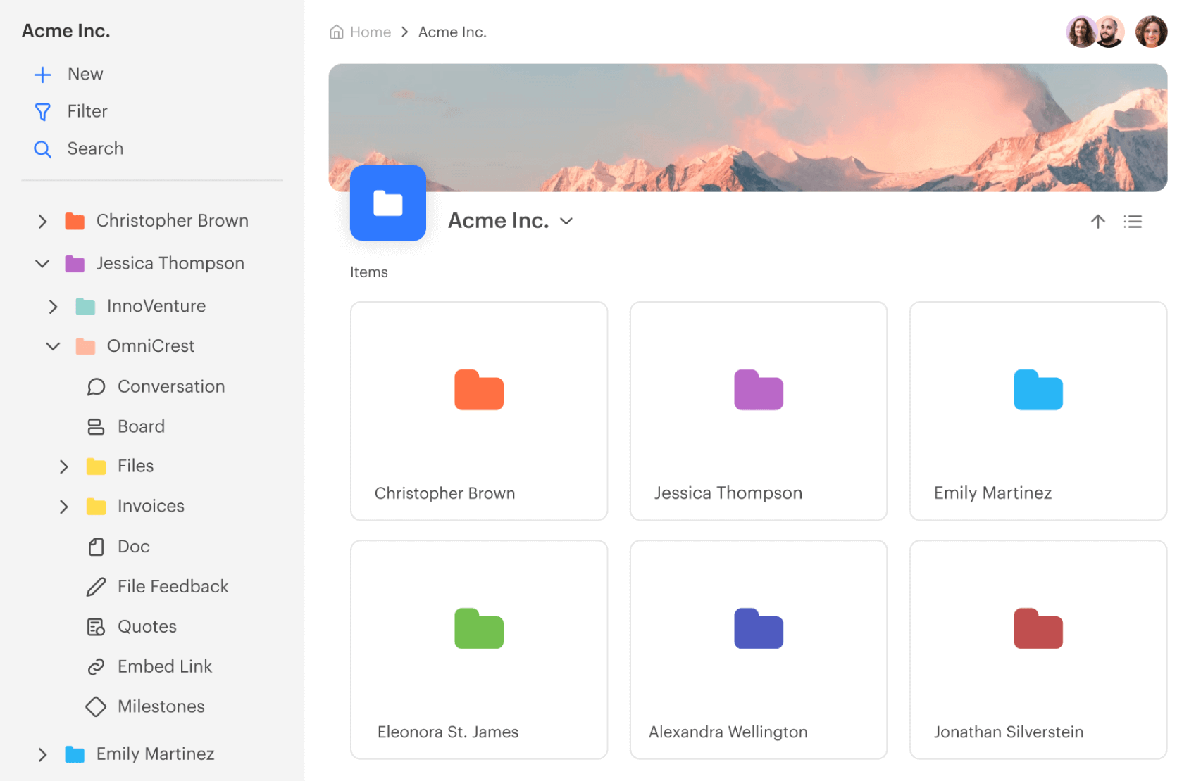 A digital workspace interface displays folders labeled with names.