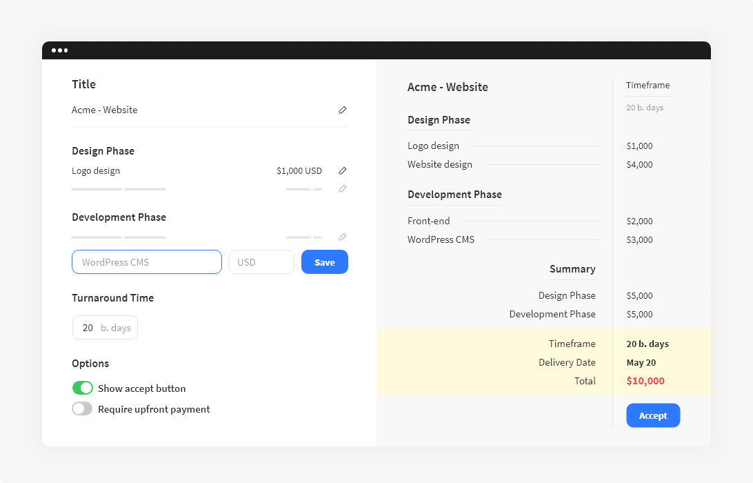 An invoice interface with two sections.