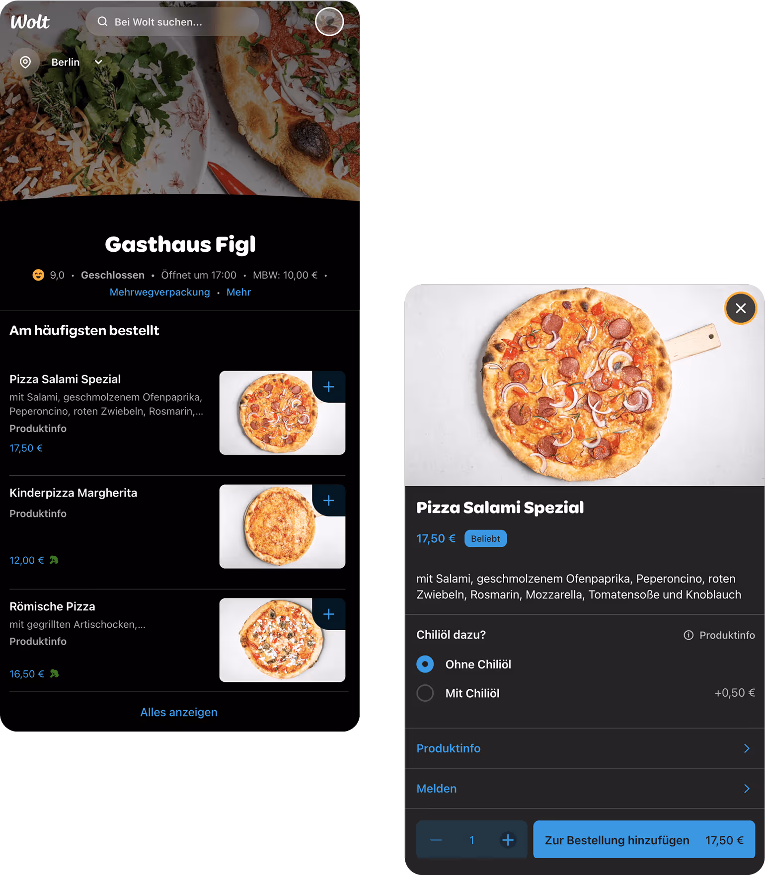 Wolt-Bestellseite für Gasthaus Figl mit Pizza Salami Spezial und weiteren Pizzas zur Auswahl.