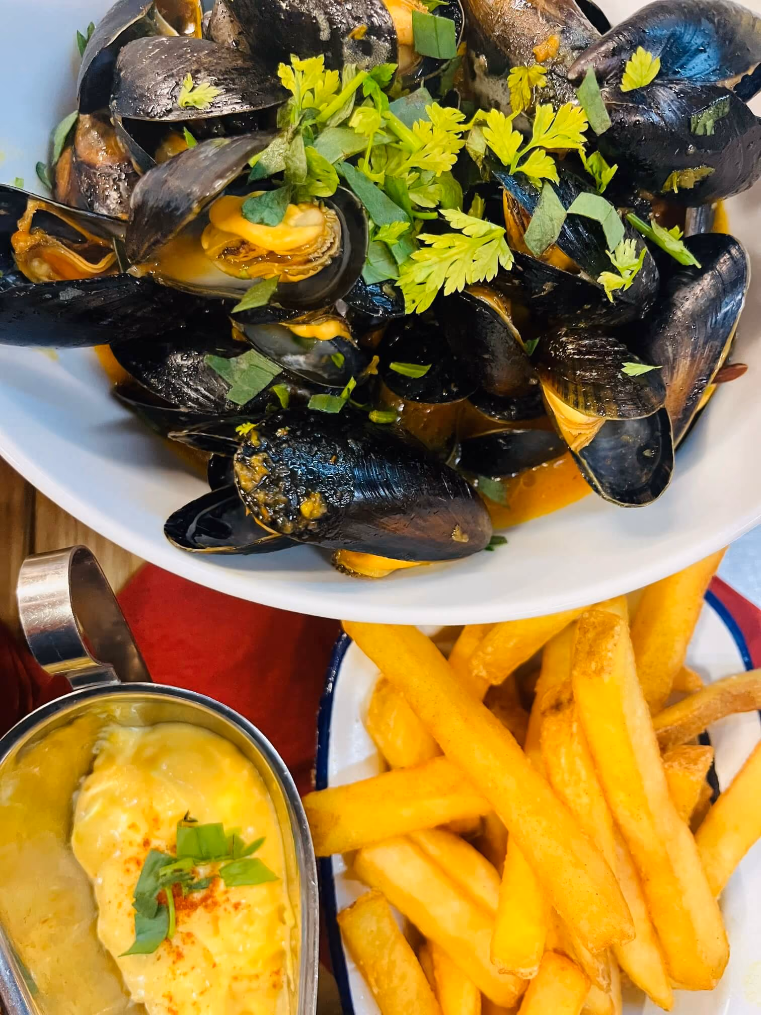 Schale mit Miesmuscheln und frischen Kräutern, neben Pommes Frites und Mayonnaisedip.