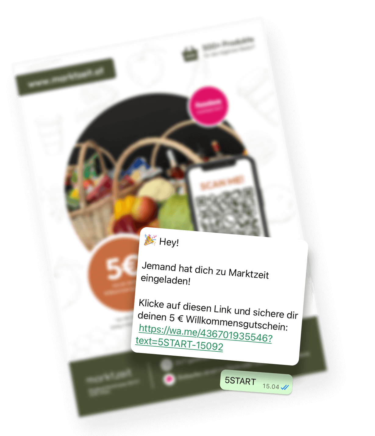 Smartphone mit einem QR-Code vor einem Einkaufskorb, darüber eine Nachricht in deutscher Sprache, die dazu einlädt, über einen bereitgestellten WhatsApp-Link einen Willkommensgutschein im Wert von 5 Euro einzulösen.