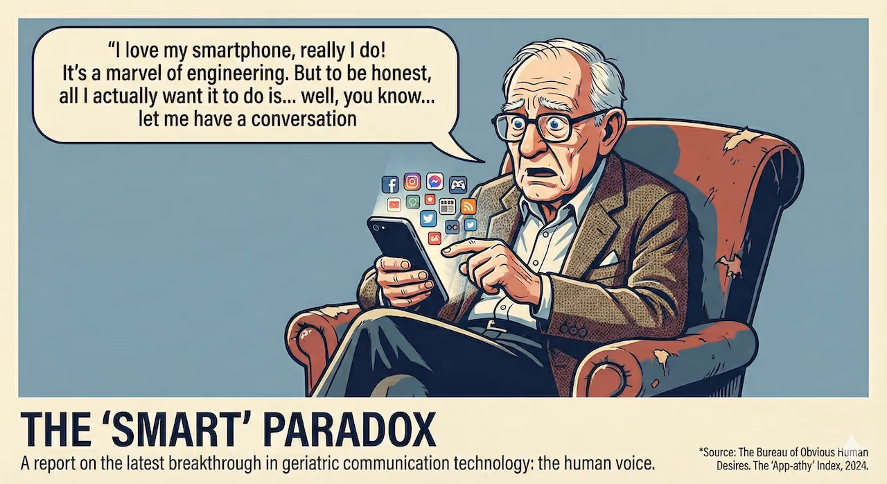 Seniors own smartphones but shun apps. The future Silver Economy lies in voice AI—tech that removes friction and adapts to humans, not the other way around.