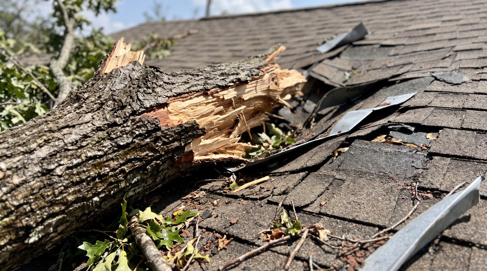 Fallen tree branch on a damaged shingle roof