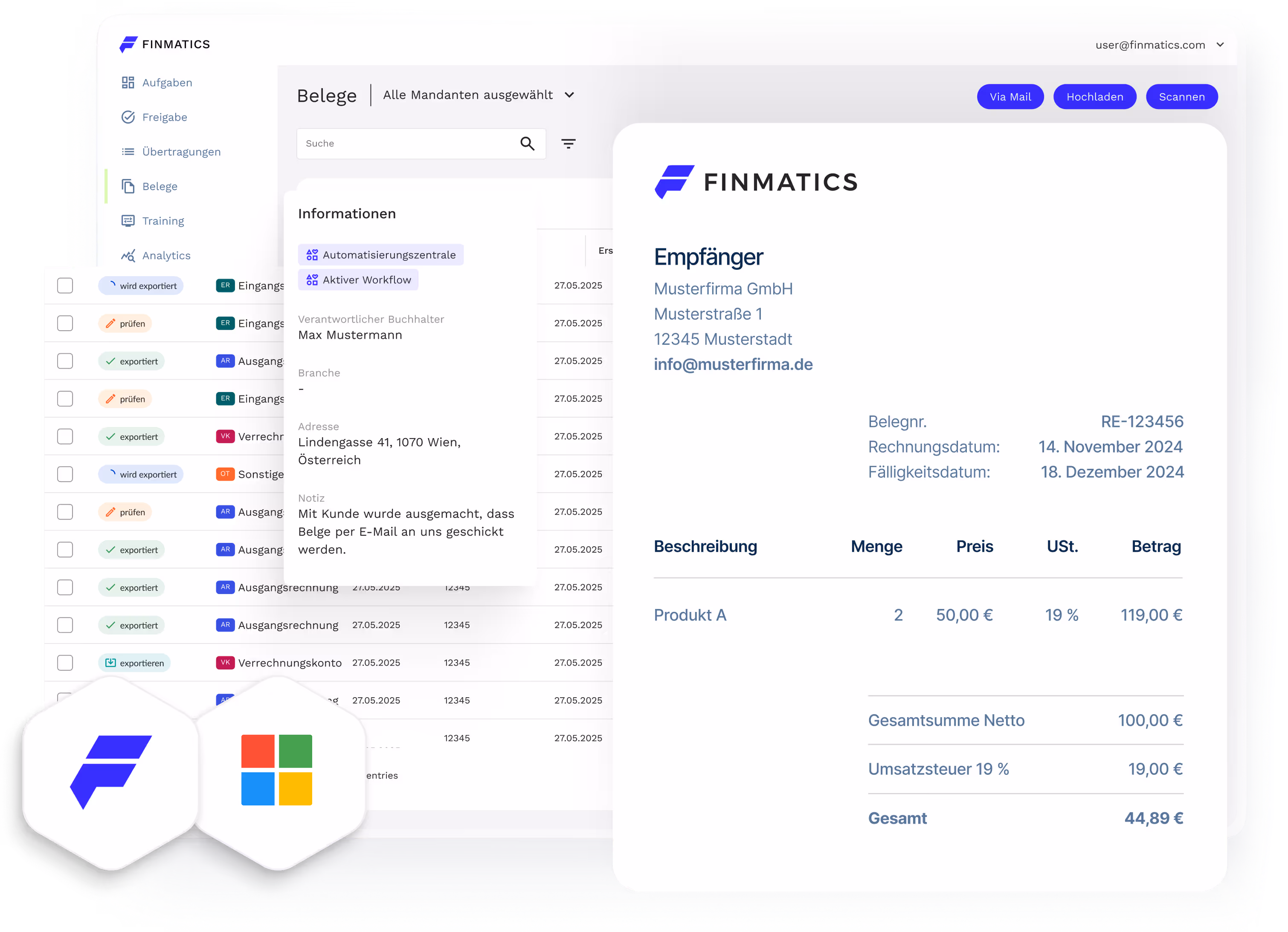 Finmatics Dashboard mit Finmatics und Microsoft Logo