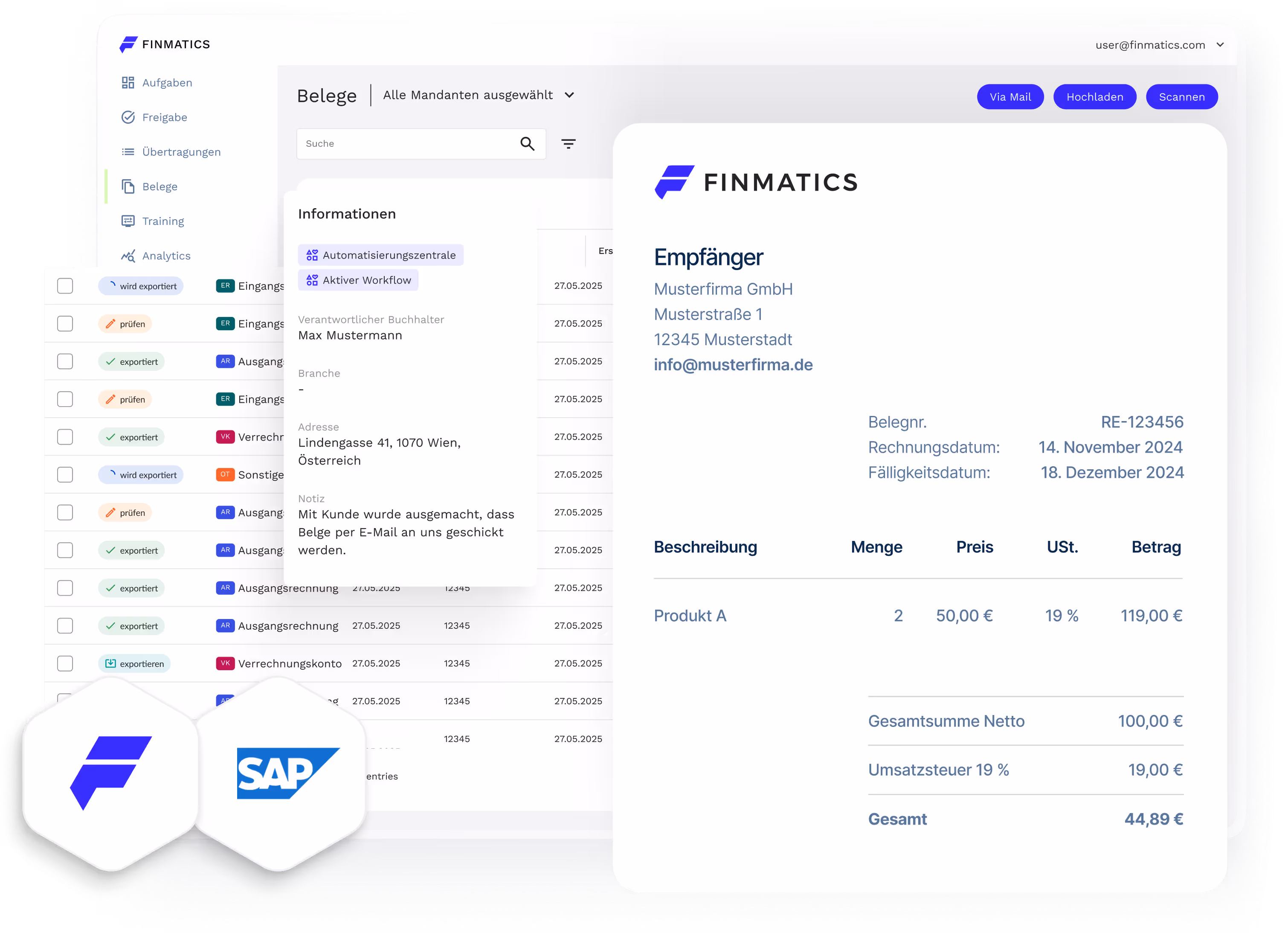 Finmatics Dashboard mit Finmatics und SAP Logo