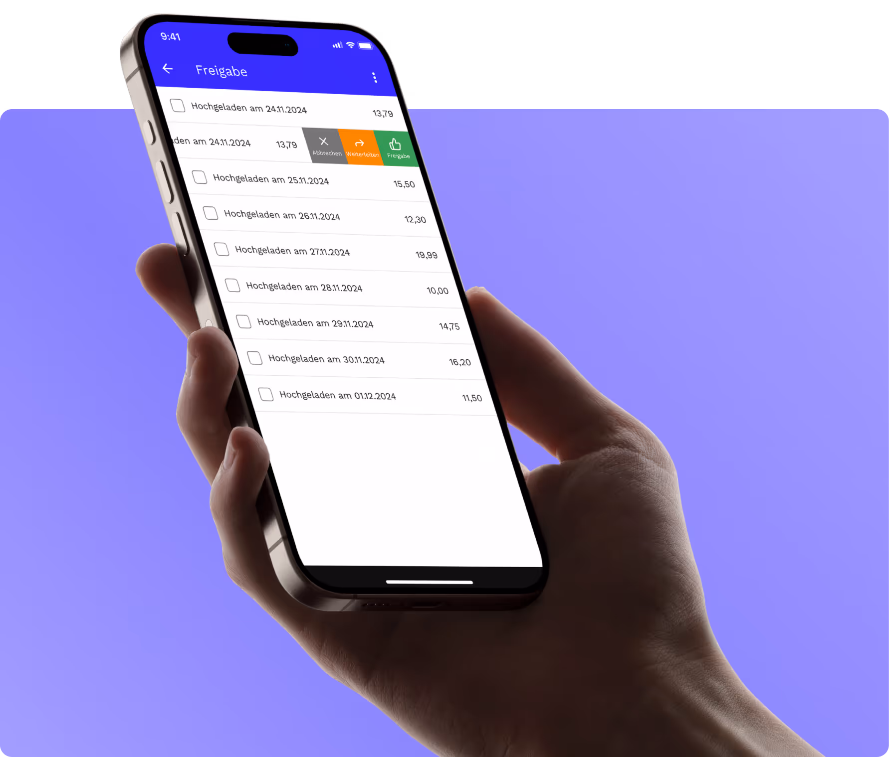 Hand hält Mobil Telefon mit Finmatics App offen