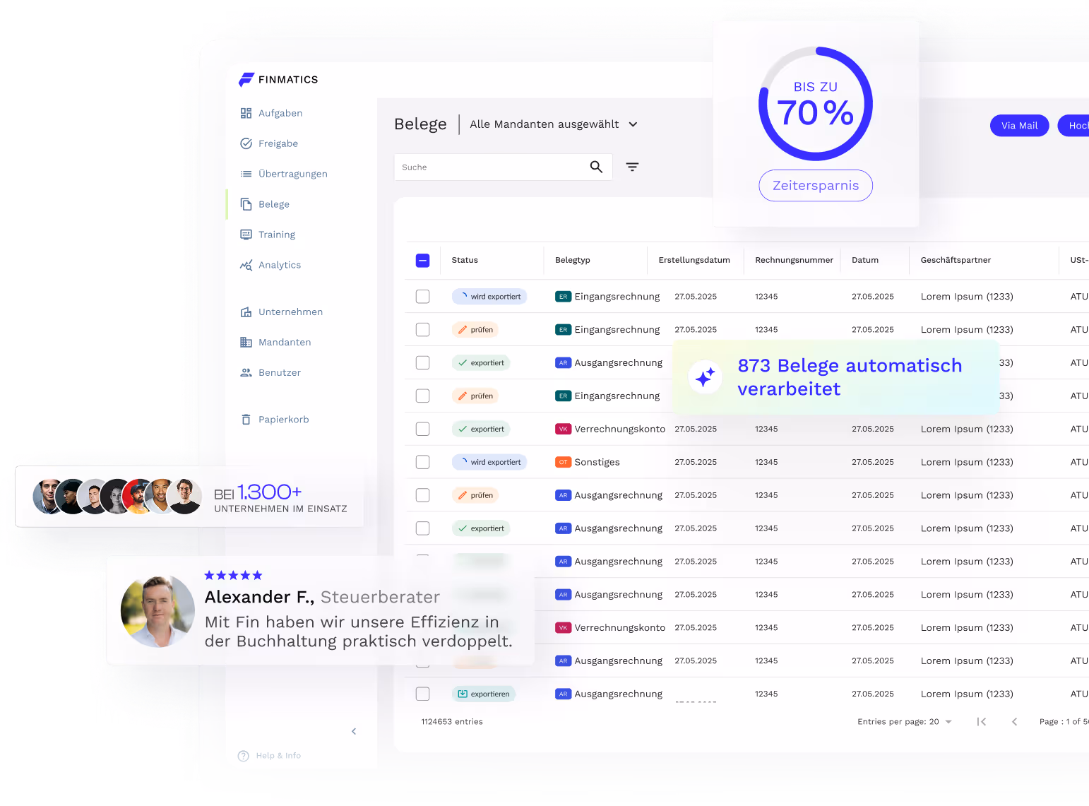 Finmatics Dashboard mit Testimonial