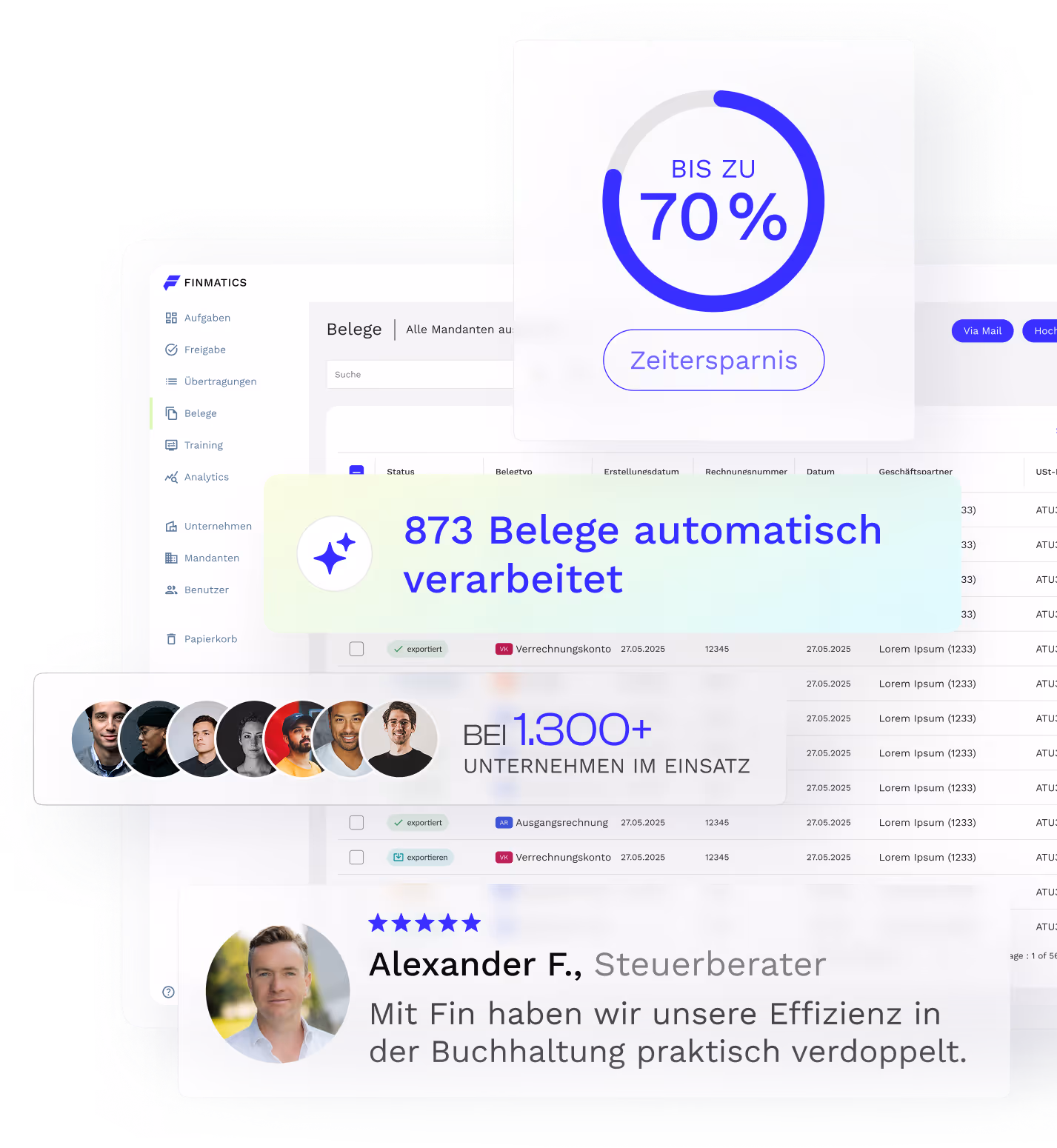 Finmatics Dashboard mit Testimonial