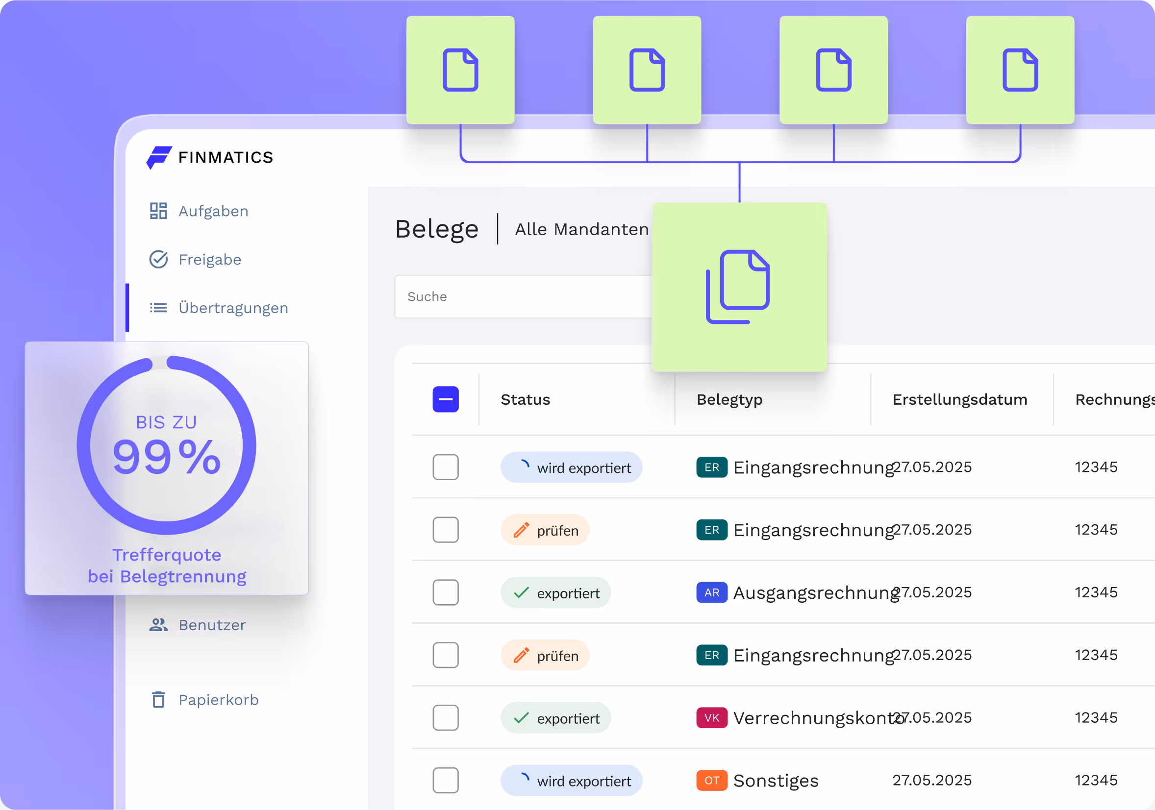 Finmatics Dashboard für Belegeingang