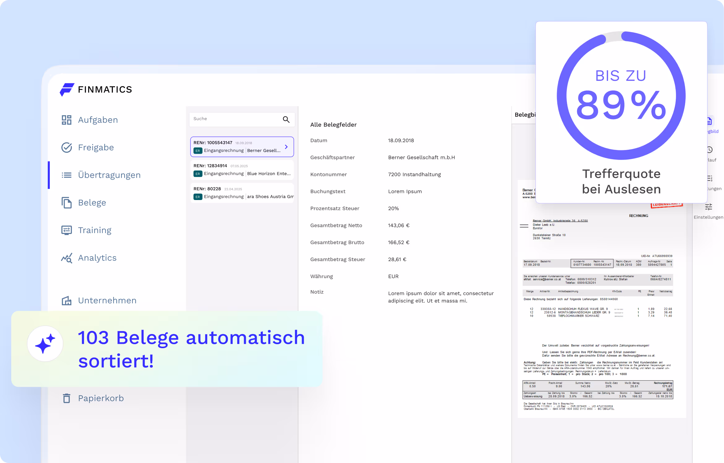 Finmatics Dashboard mit Grafik "bis zu 89" Terefferquote bei Auslesen"