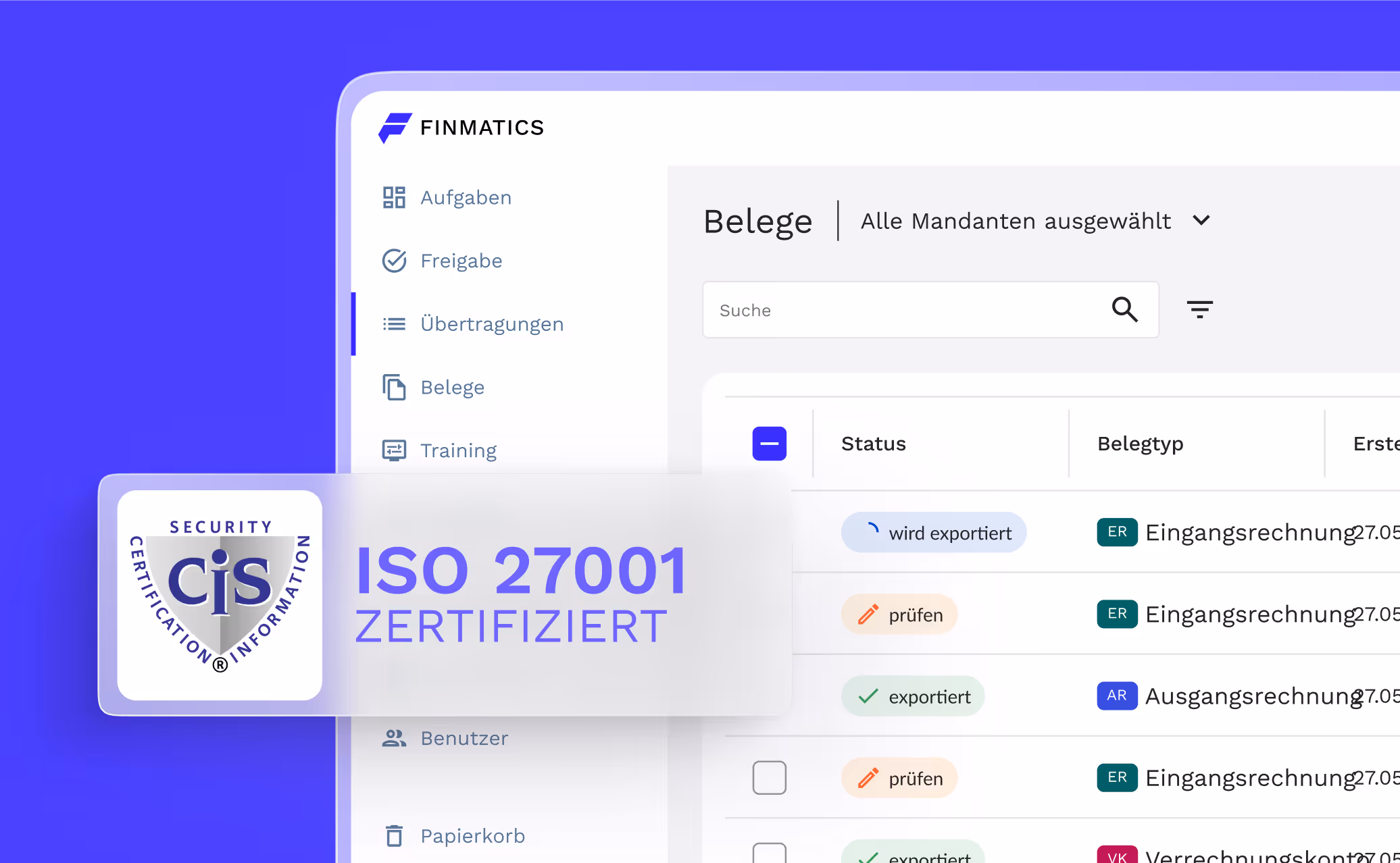 Finmatics Dashboard mit ISO 27001 Zertifizierung Grafik