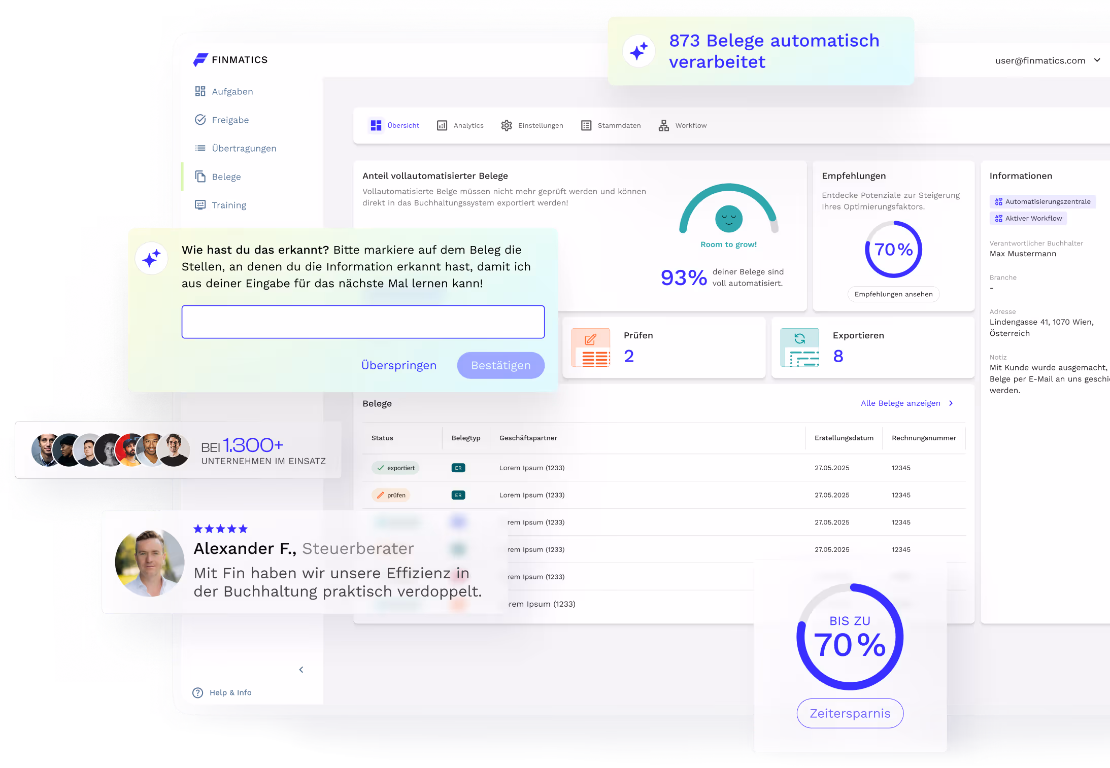 Finmatics Dashboard mit Testimonial