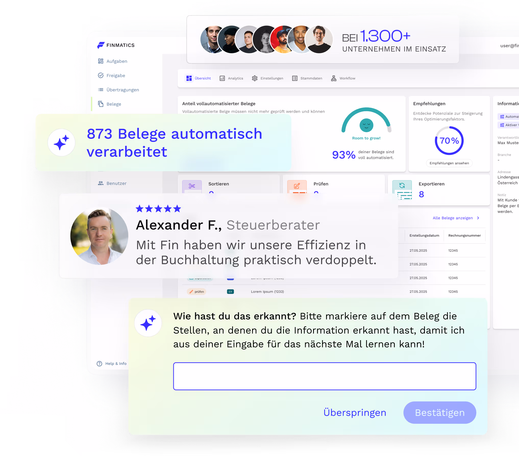 Finmatics Dashboard mit Testimonial