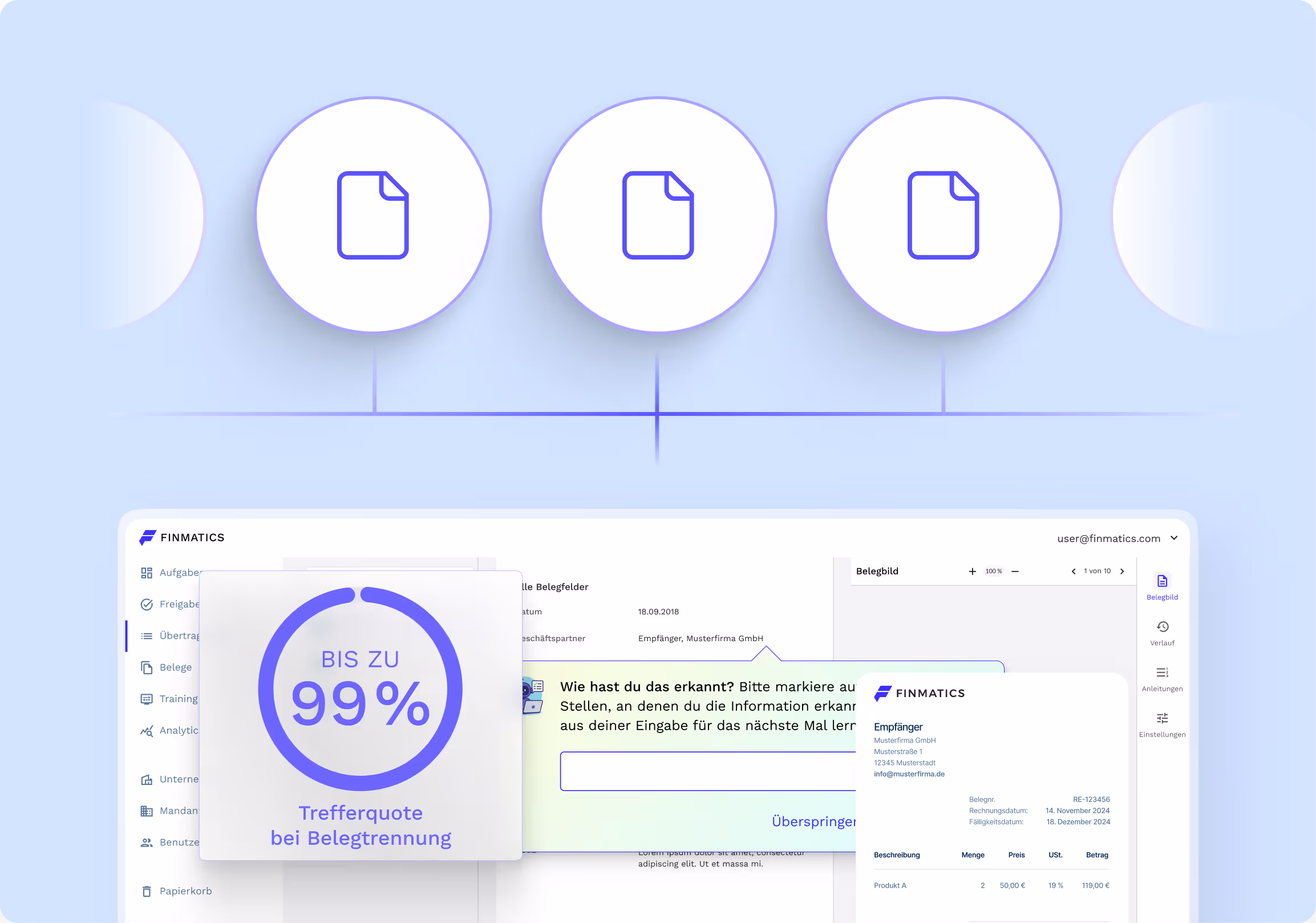 Finmatics Dashboard mit Fin Nachricht