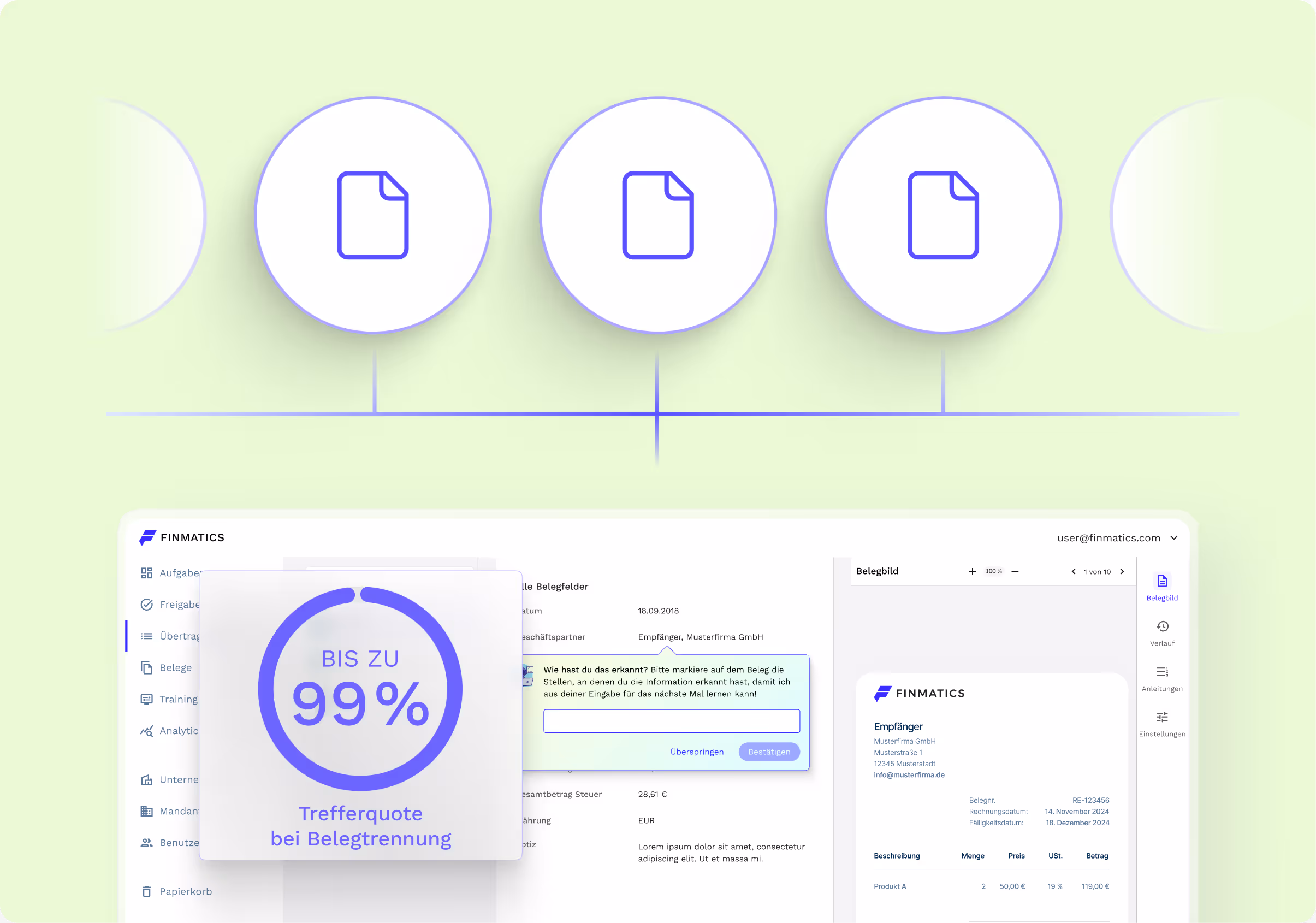 Finmatics Dashboard mit Grafik "bis zu 99% Trefferquote bei Belegtrennung"
