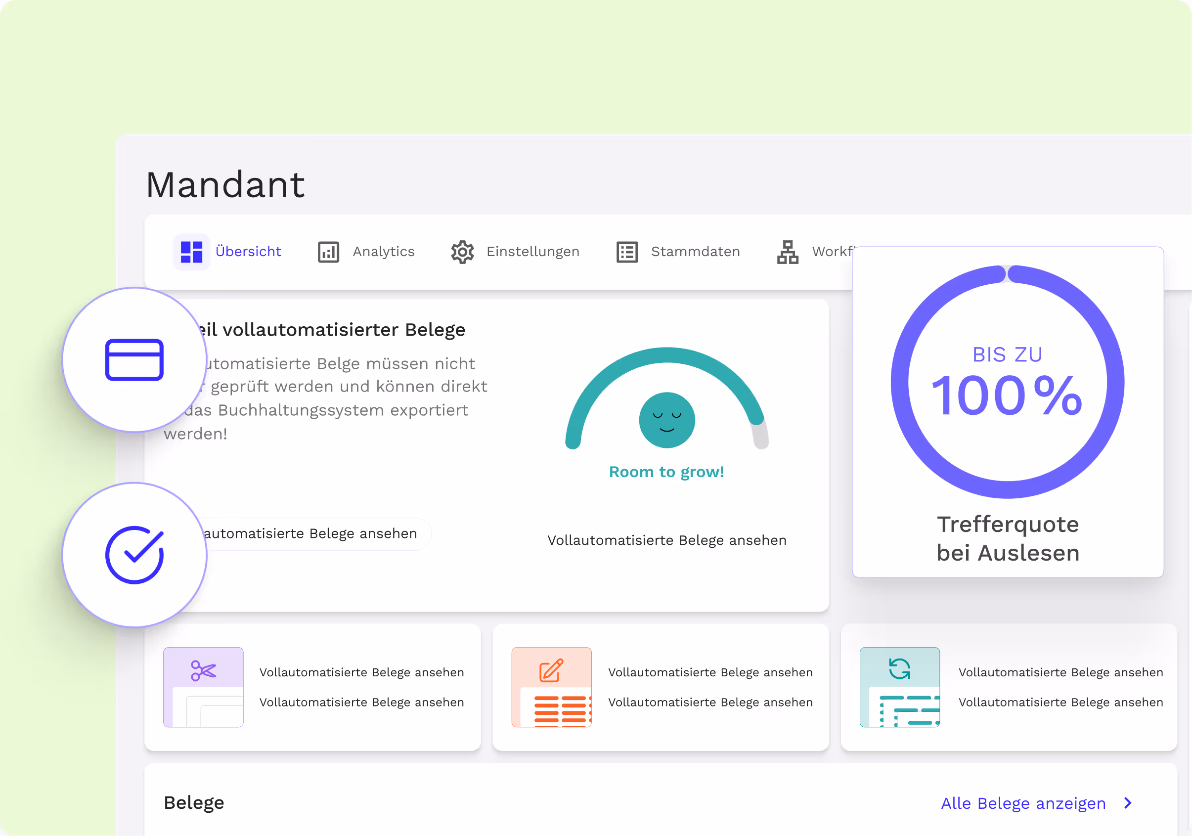 Finmatics Dashboard mit Grafik "bis zu 100% Trefferquote bei Auslesen"
