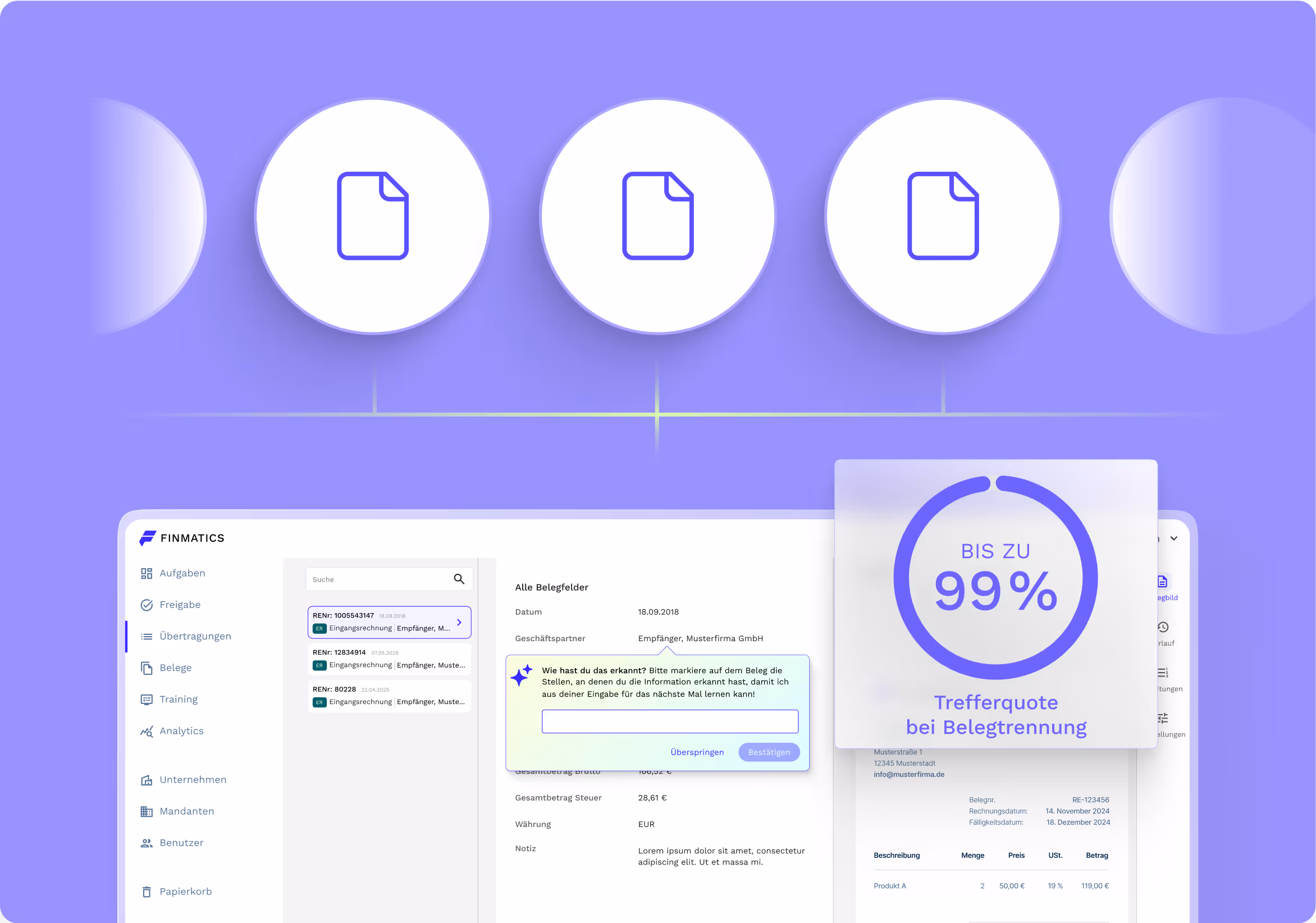 Finmatics Dashboard mit Grafik "bis zu 99% Trefferquote bei Belegtrennung"