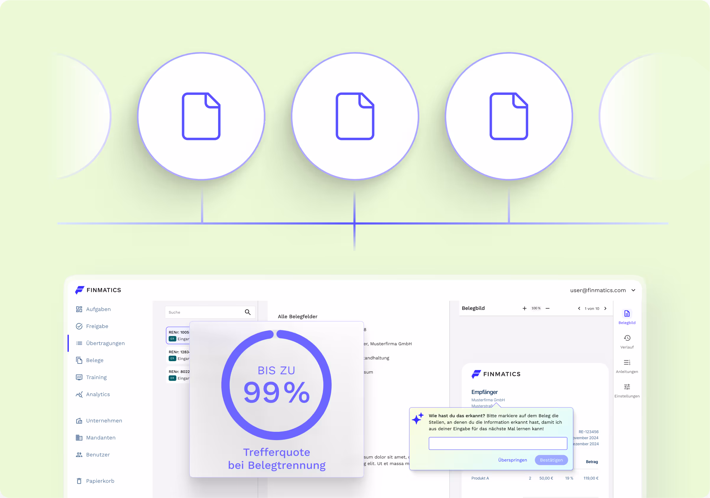 Finmatics Dashboard mit Grafik "bis zu 99% Trefferquote bei Belegtrennung"