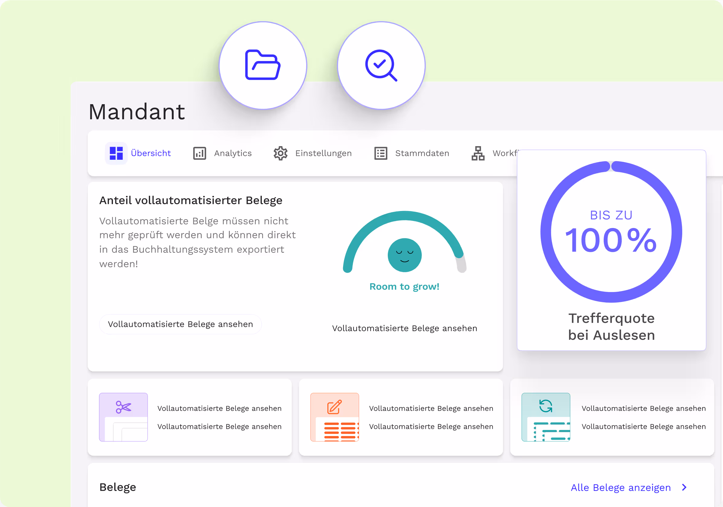 Finmatics Dashboard mit Grafik "bis zu 100% Trefferquote bei Auslesen"