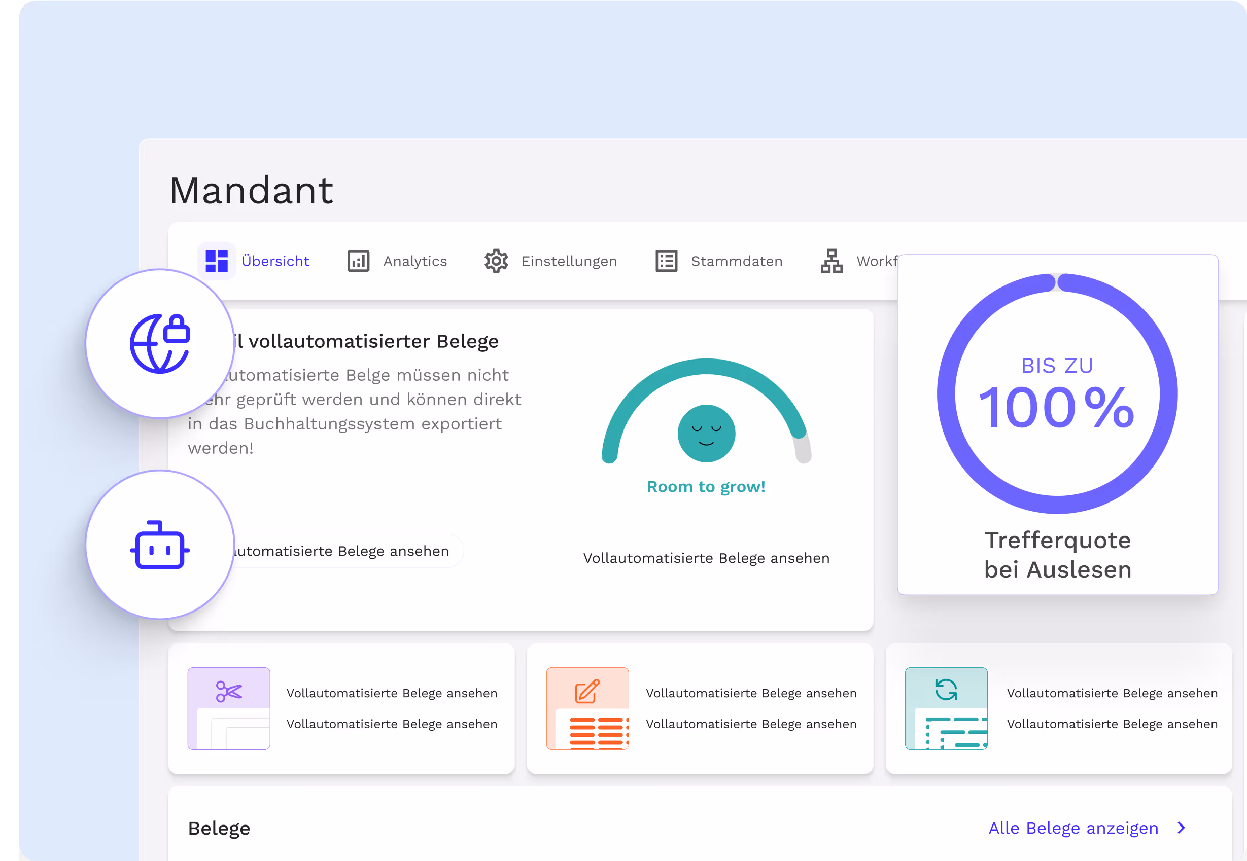 Finmatics Dashboard mit Grafik "bis zu 100% Trefferquote bei Auslesen"
