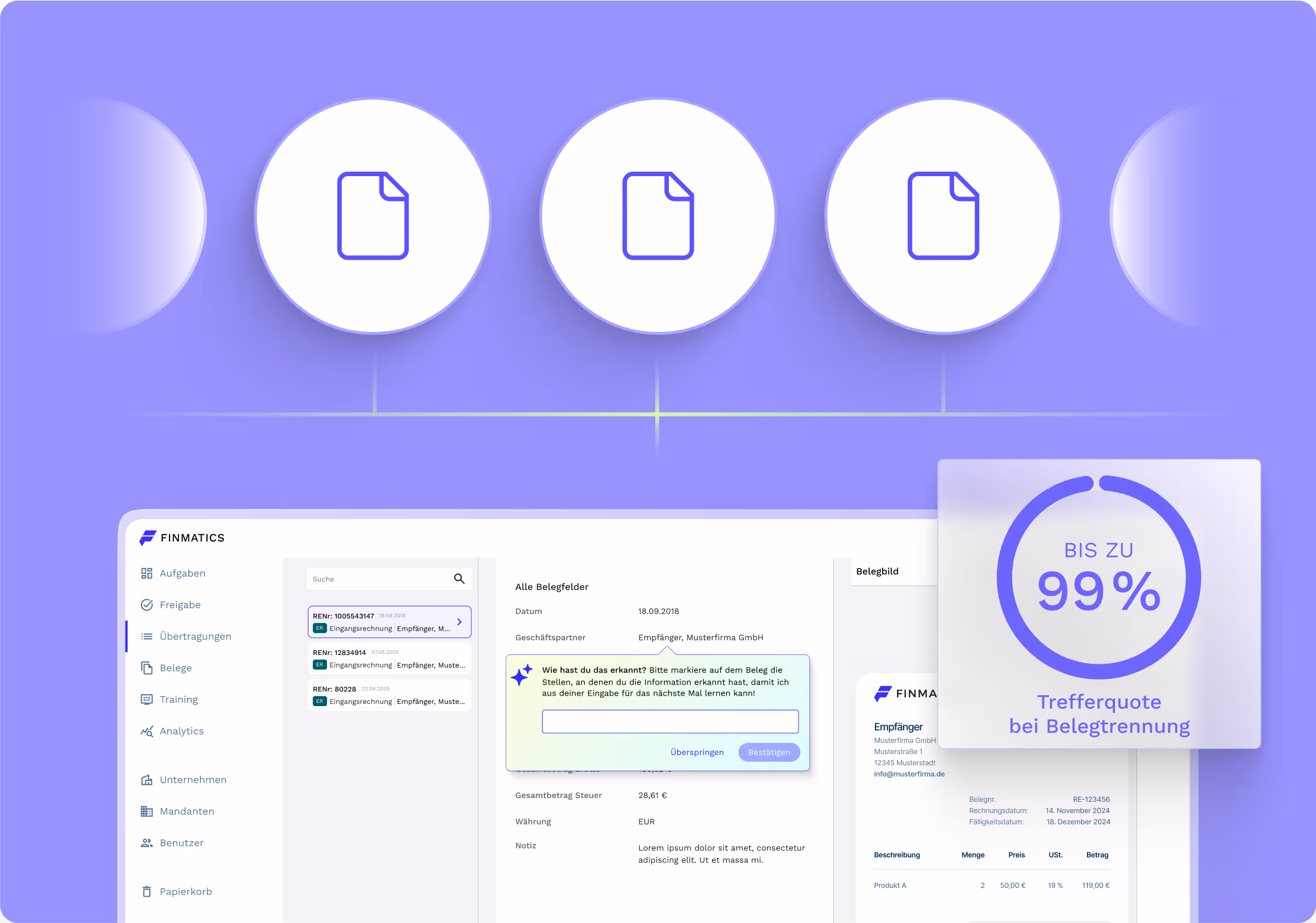 Finmatics Dashboard mit Grafik "bis zu 99% Trefferquote bei Belegtrennung"