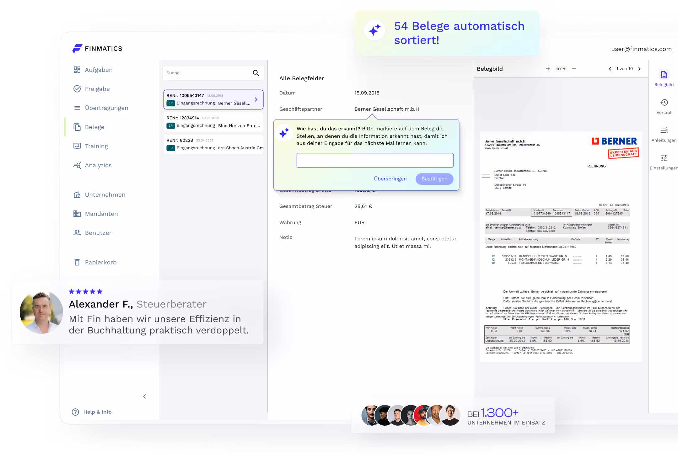 Finmatics Dashboard mit Testimonial und Fin Nachricht