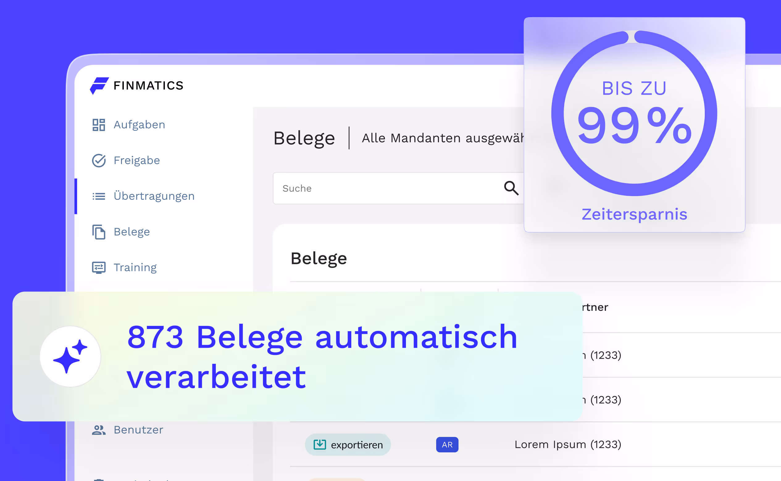 Finmatics Dashboard mit Fin Nachricht und Grafik "bis zu 99% Zeitersparnis"
