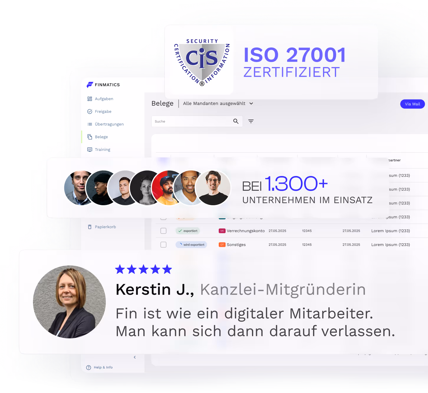 Finmatics Dashboard mit Testimonial