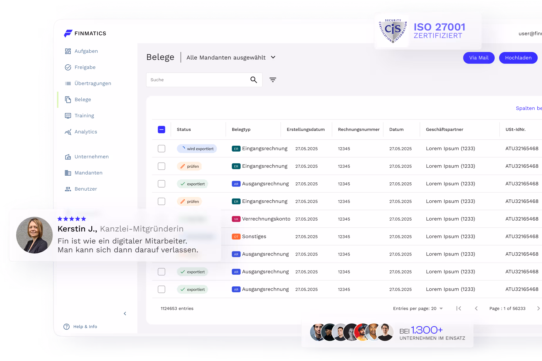 Finmatics Dashboard mit Testimonial