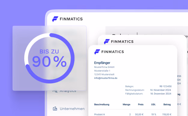 Finmatics interface shows up to 90% automation with example invoices and company details.