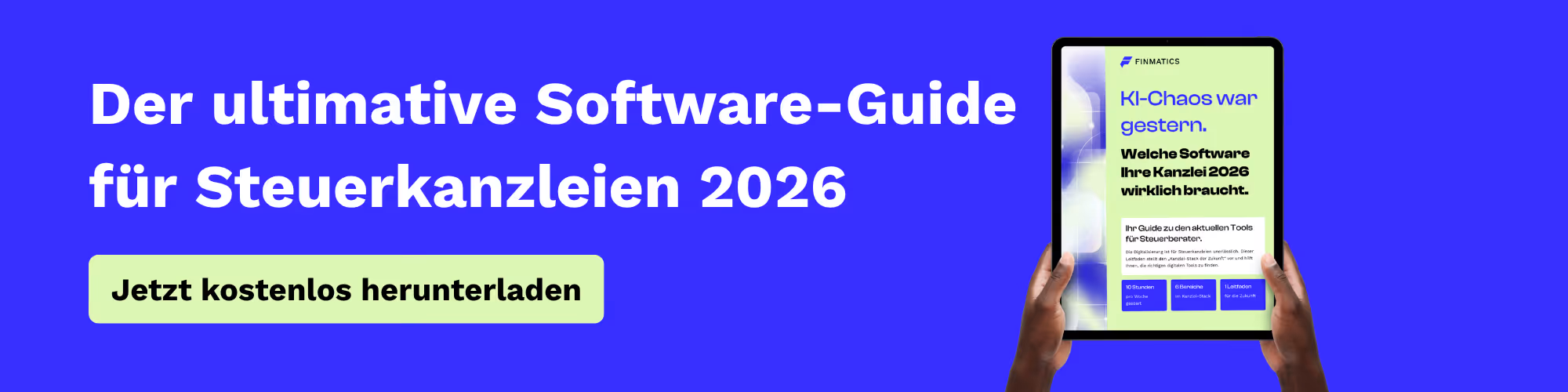 Ein Banner, der den Finmatics Software Guide für Kanzleien darstellt und bewirbt.
