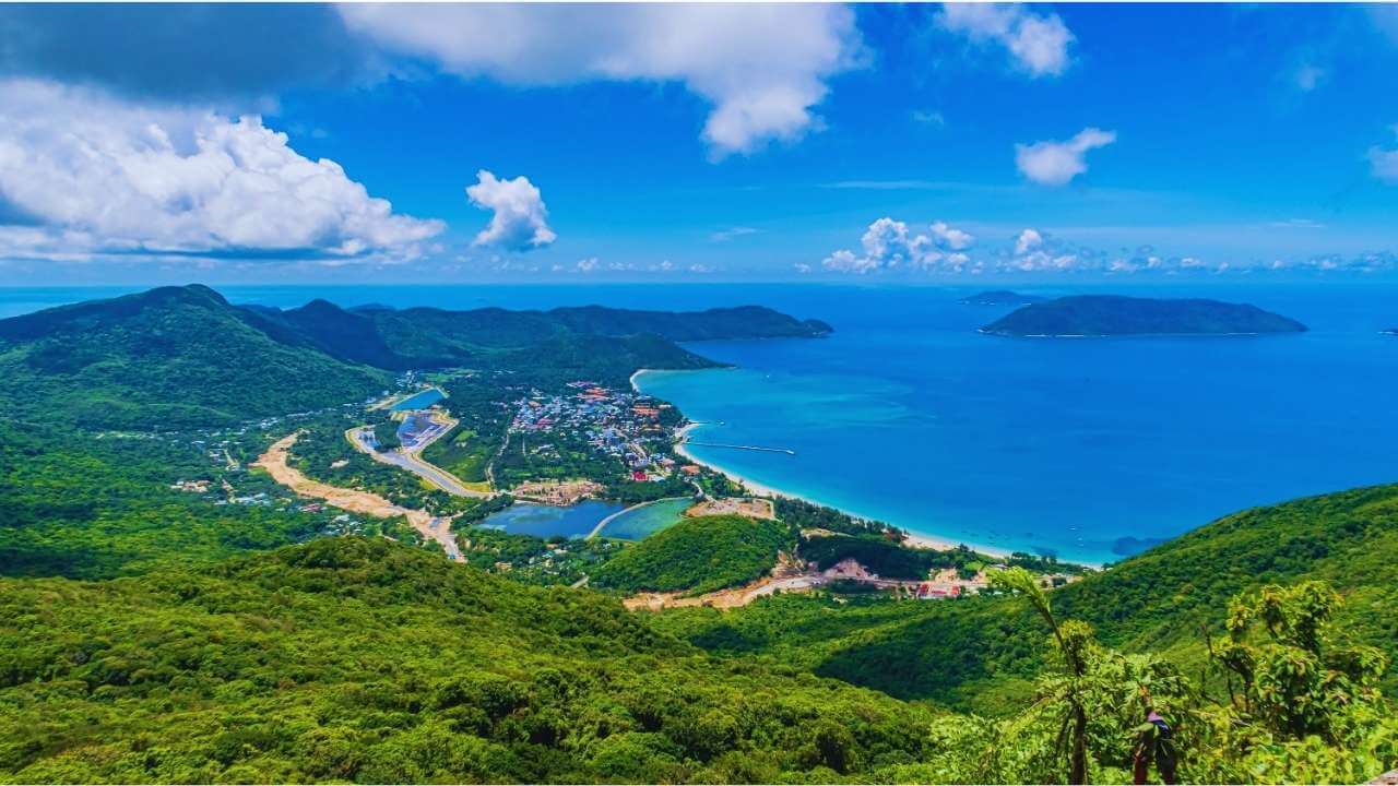 High viewpoint from a trail in Con Dao National Park overlooking the Con Dao Islands bay.