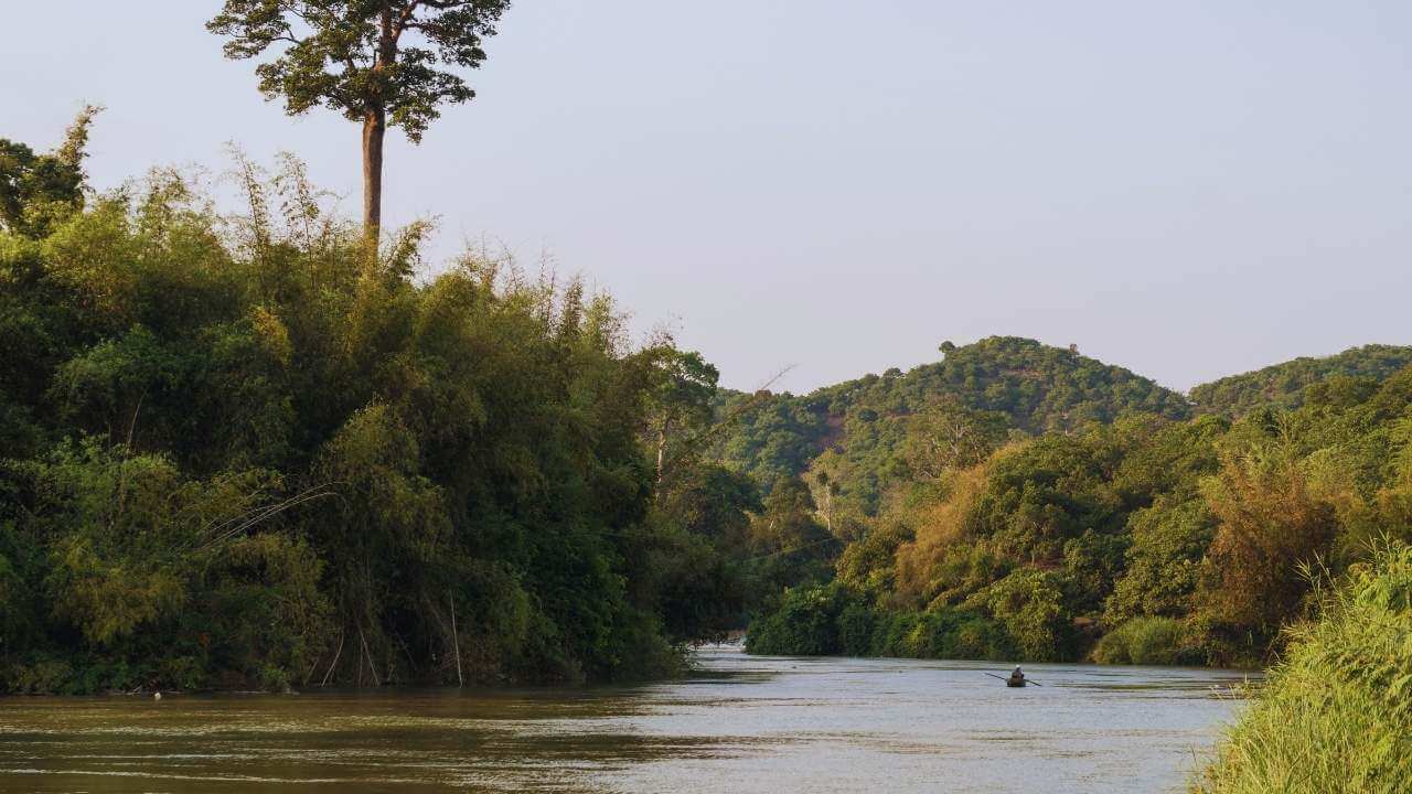 A small boat navigating the Dong Nai River in the jungles of Cat Tien National Park.