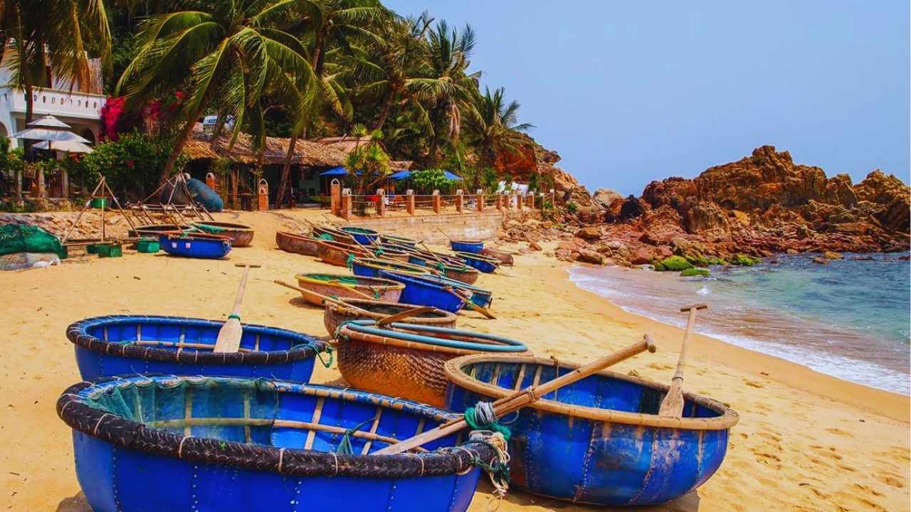 Traditional round basket boats on the sand at Bai Xep Beach, Quy Nhon.