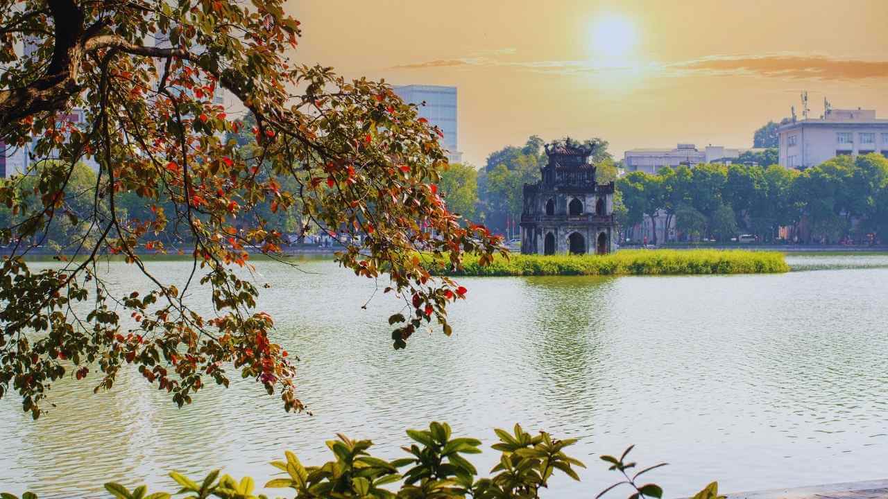 The iconic Turtle Tower on Hoan Kiem Lake (Sword Lake) in Hanoi
