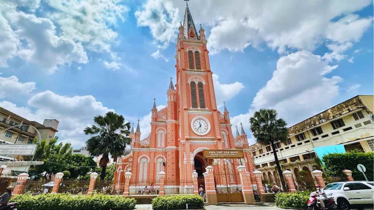 Saigon's famous "pink church", Tan Dinh Church, showing its unique Gothic architecture.