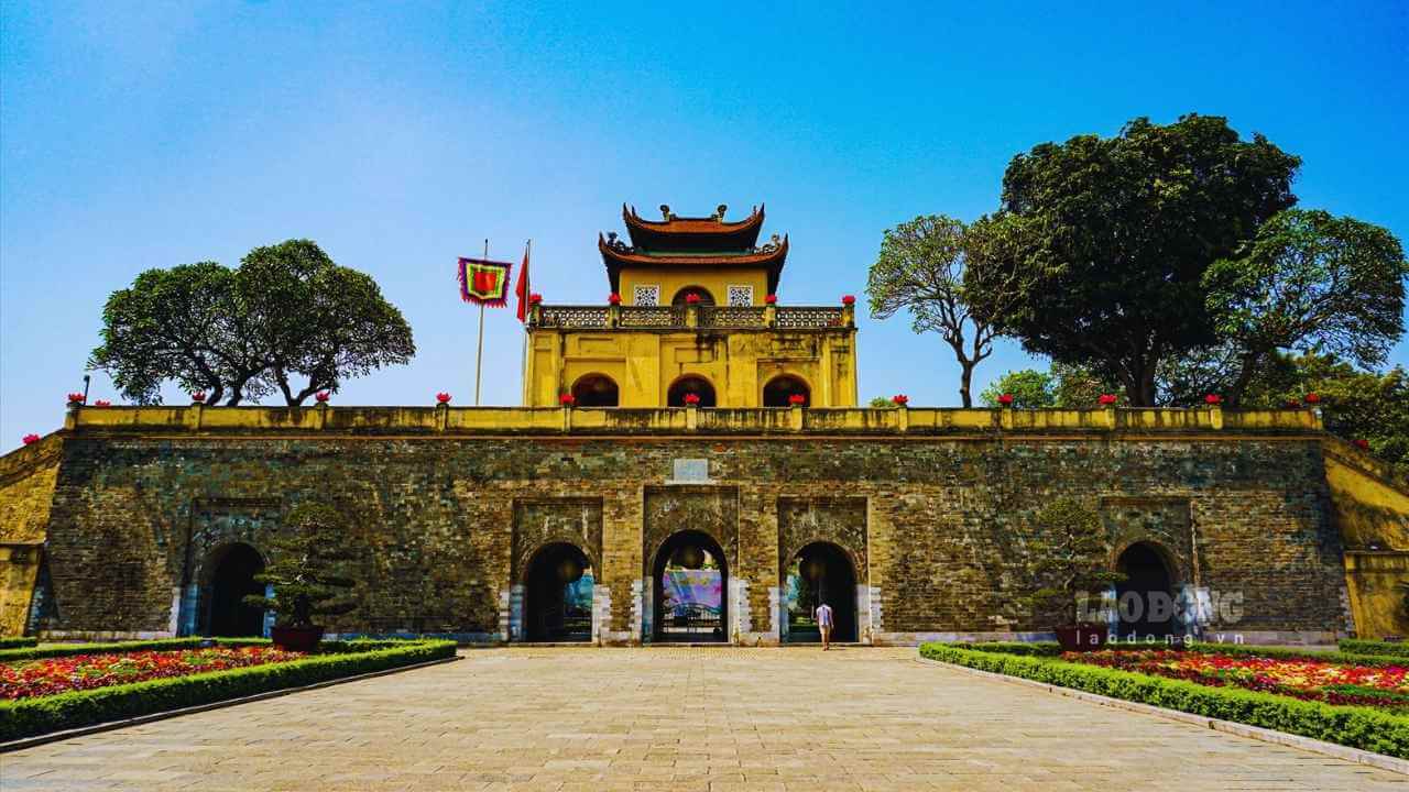 The historic Doan Mon Gate at the Imperial Citadel of Thang Long on a sunny day in Hanoi.