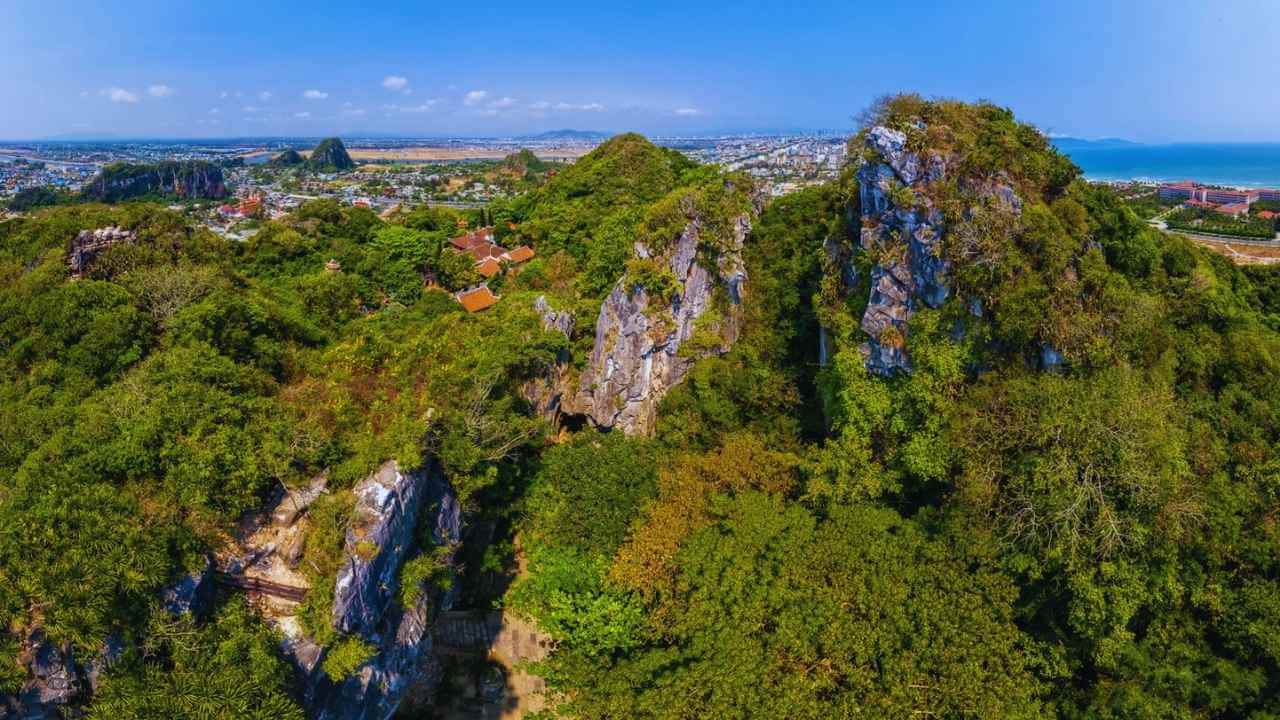 Aerial view of The Marble Mountains (Ngu Hanh Son) overlooking the Da Nang coastline.