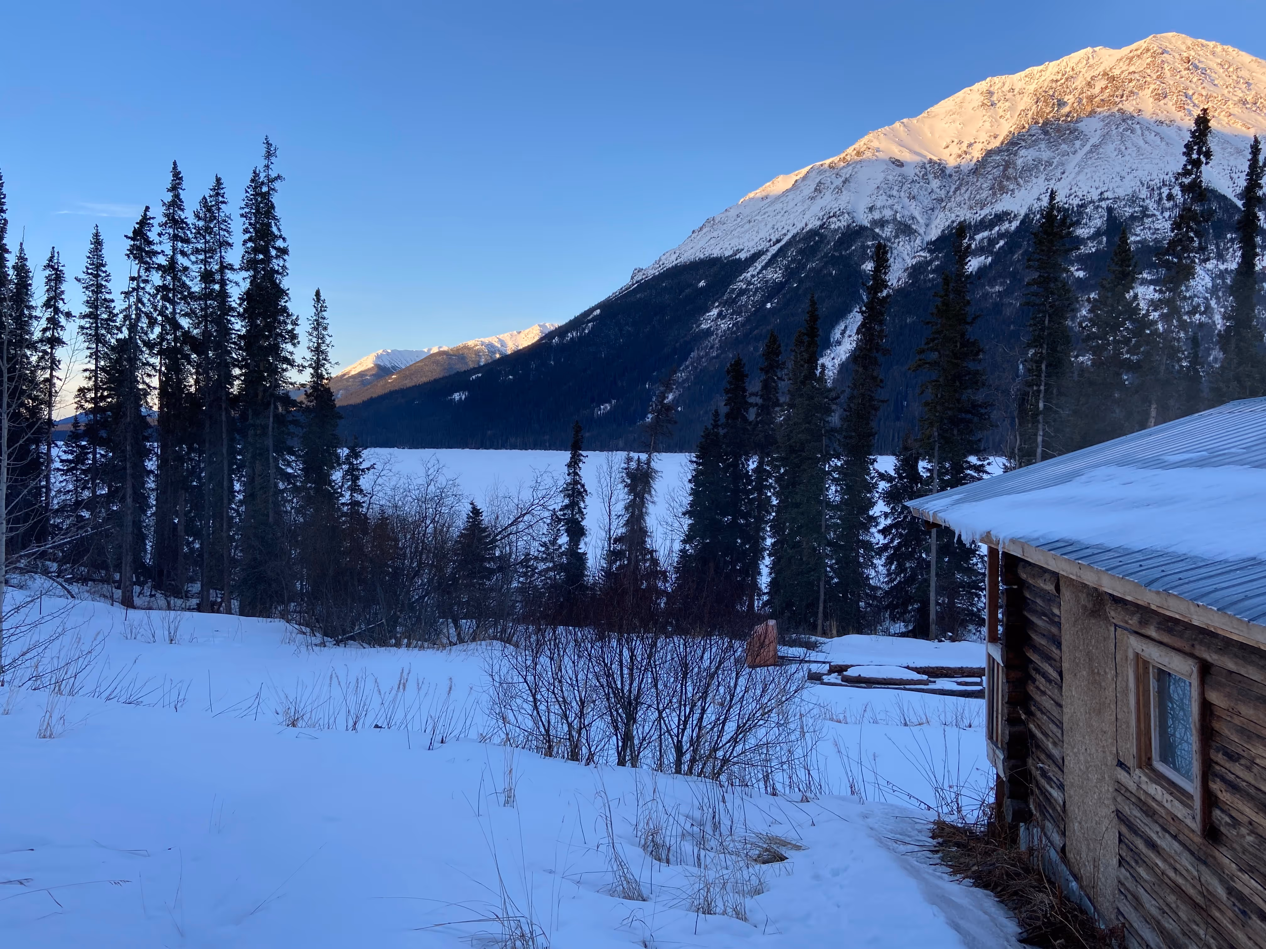 A blanket of snow covers a British Columbia Landscape. A log cabin is seen in the foreground, and trees, a lake and a snow capped mountain fill the background.