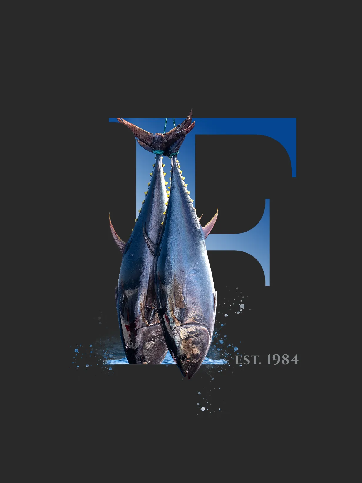 Two large tuna fish hanging by tails against a blue letter E background with text EST. 1984.