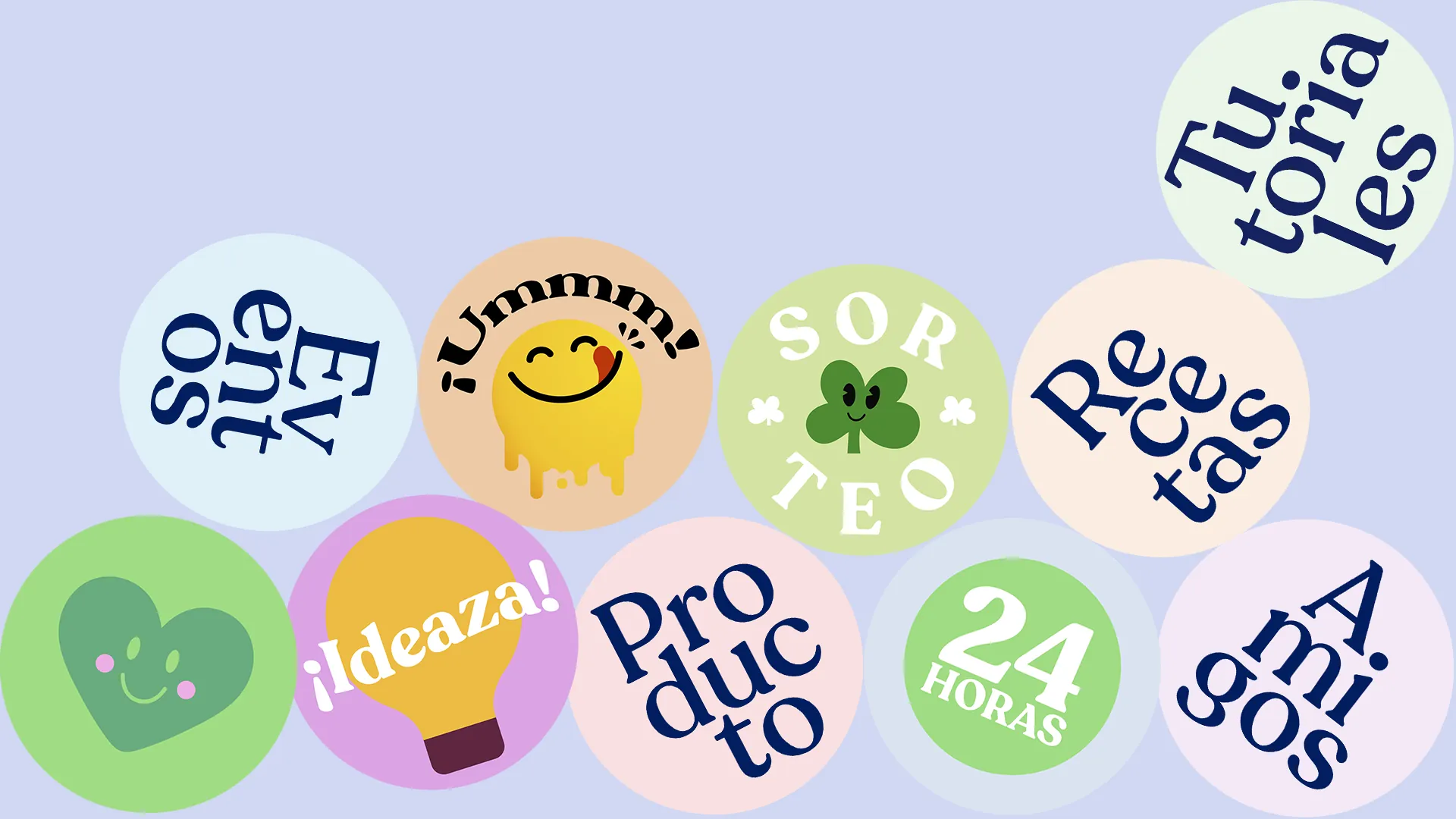 Círculos de colores con palabras en español relacionadas con tutoriales, recetas, amigos, ideas, productos y texto expresivo.