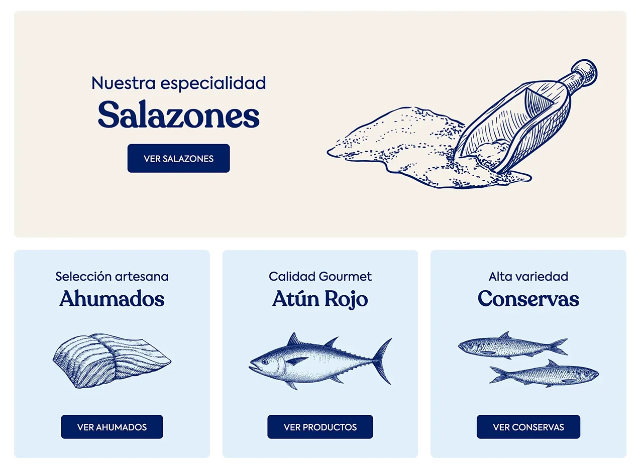 Dibujo de una pala con sal, un filete de pescado ahumado, un atún rojo y dos pescados enteros, junto a textos sobre salazones, ahumados, atún rojo y conservas.