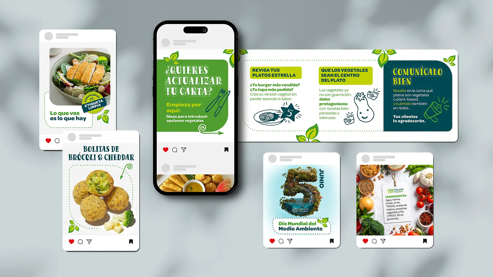 Collage de publicaciones con consejos sobre opciones vegetales, incluidos platos como bolitas de brócoli y cheddar, promoción para actualizar cartas con opciones vegetales, celebración del Día Mundial del Medio Ambiente, y lista de ingredientes vegetales.