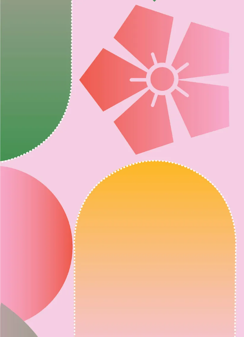 Diseño abstracto con formas geométricas de colores degradados en rosa, verde, rojo y amarillo sobre fondo rosa claro.